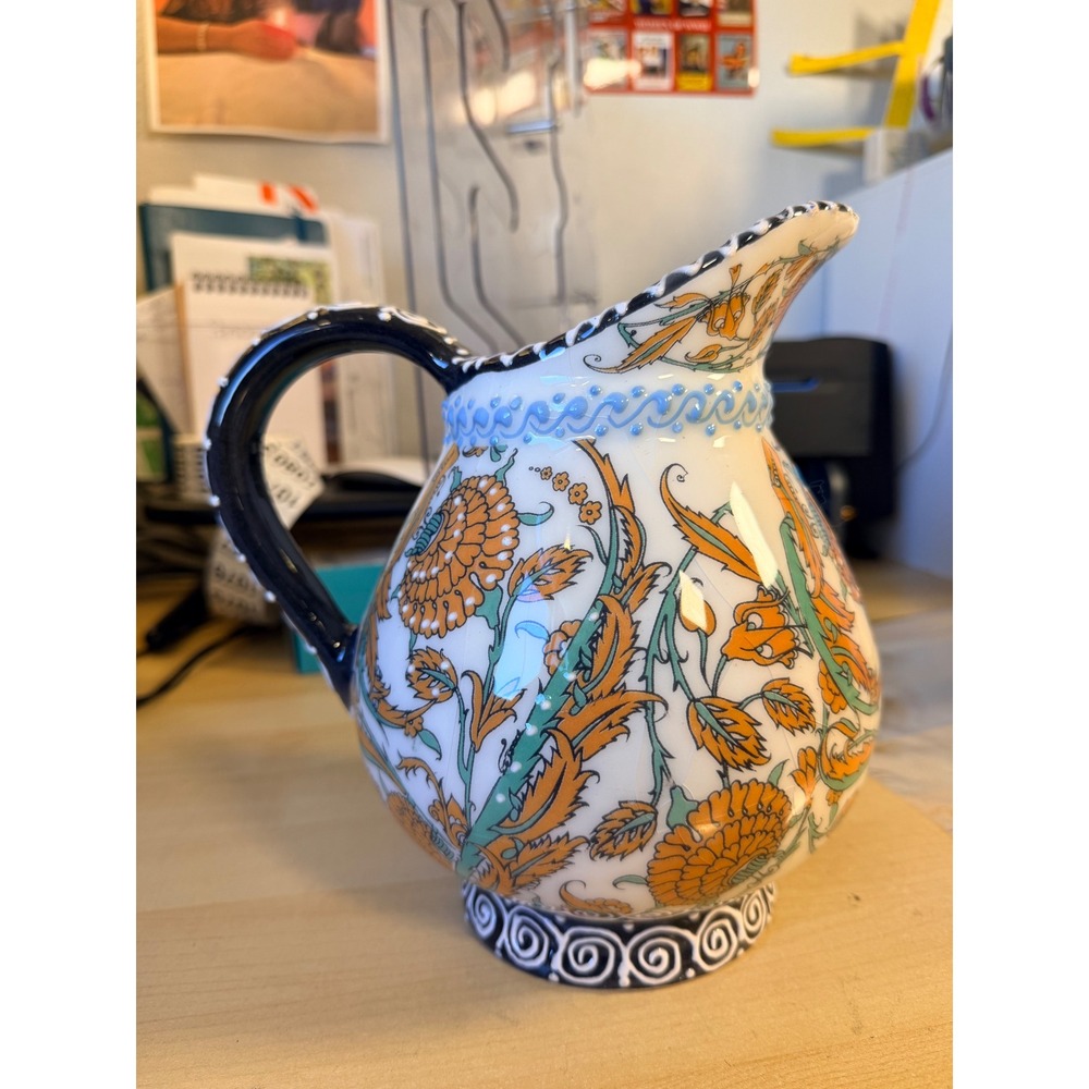 Ornate Floral Ceramic Pitcher Ewer Orange Blue Raised Detail Decorative